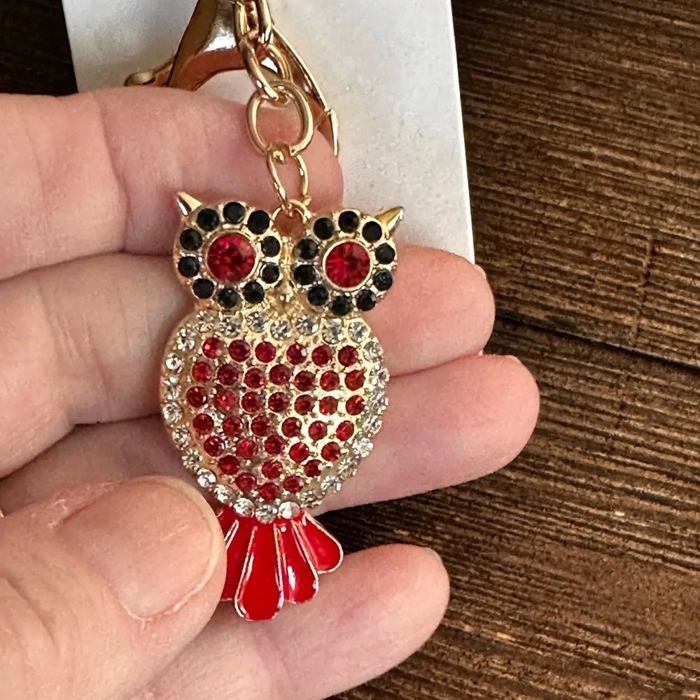 Keychain Red and Gold rhinestone Owl metal
